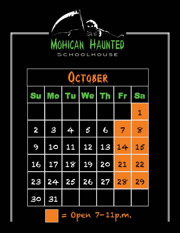 2022 Haunted Schoolhouse October Calendar