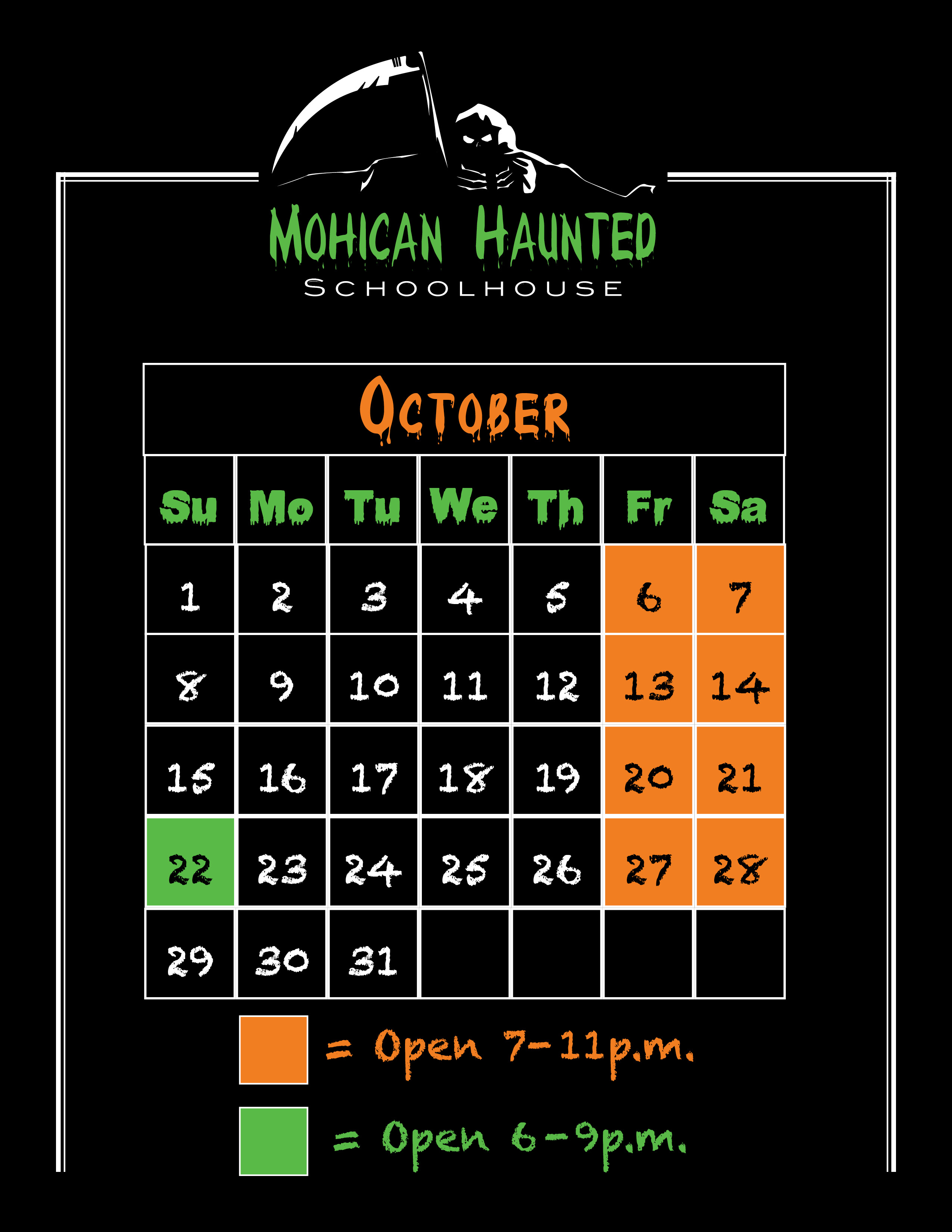 2023 Haunted Schoolhouse October Calendar