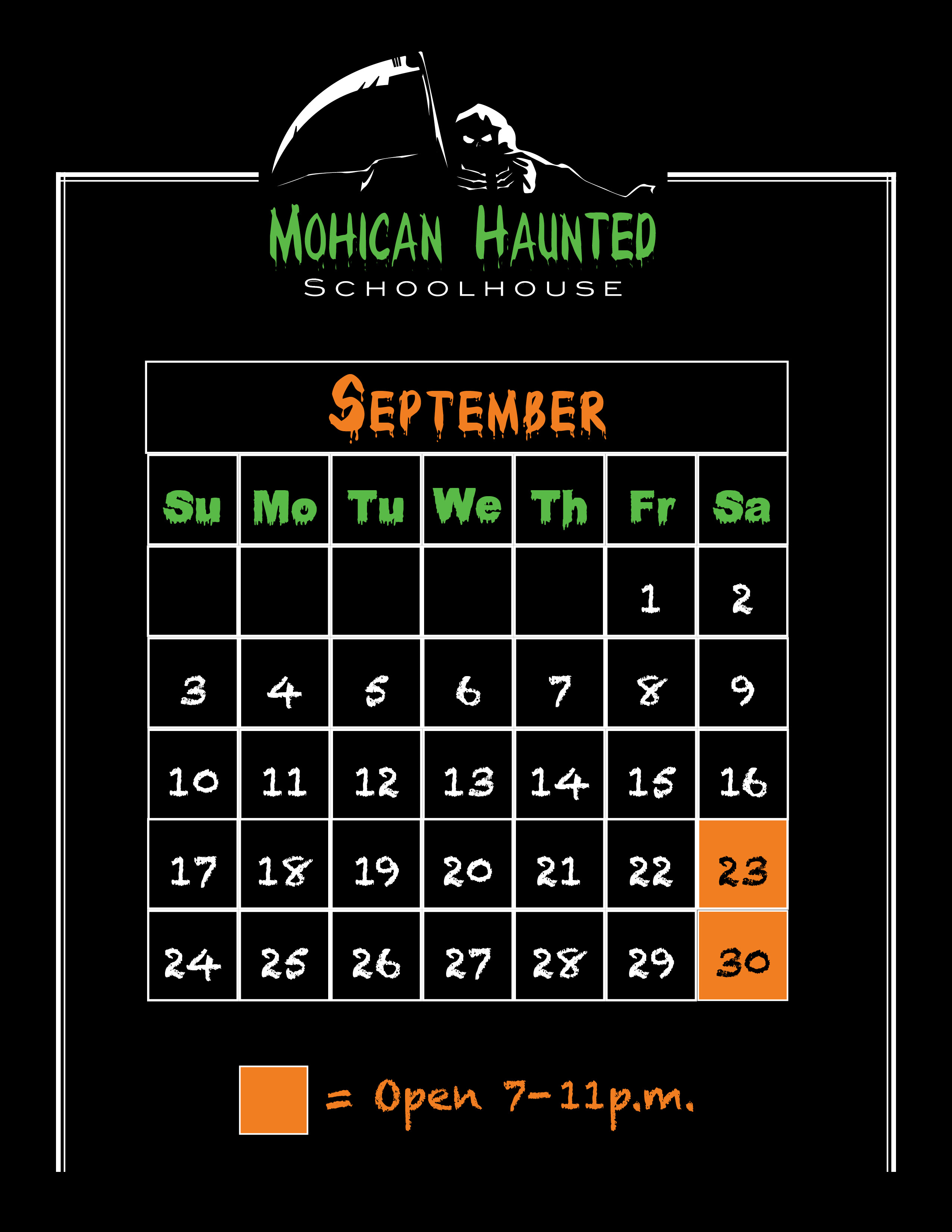 2023 Haunted Schoolhouse September Calendar